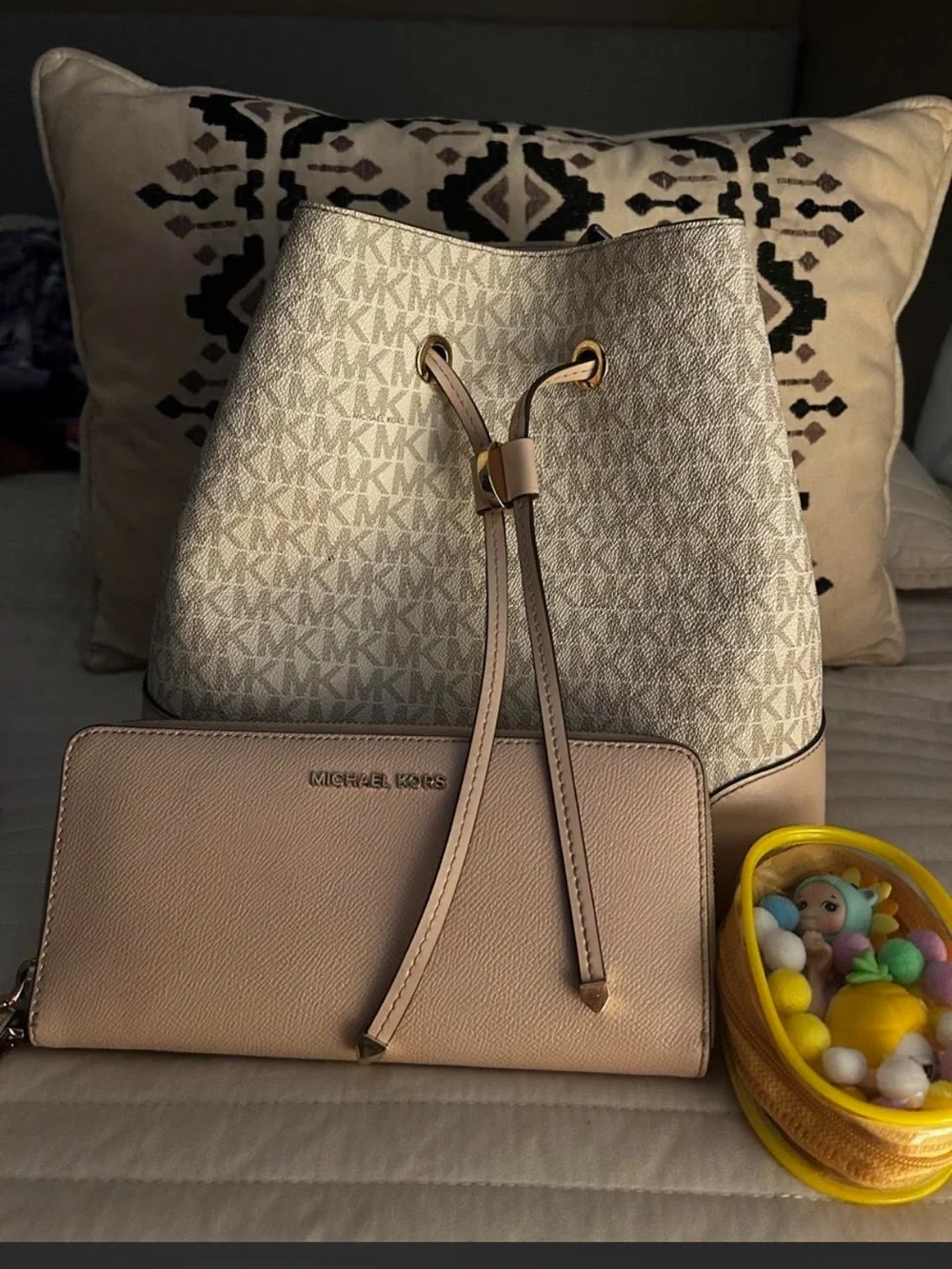 Michael Kors Beige Signature Drawstring Bucket Bag